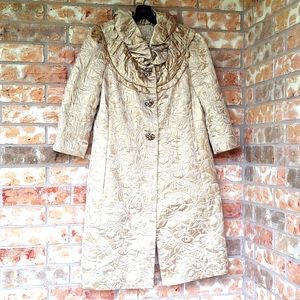 St John Couture Gold Brocade 3/4 Sleeve Evening Pea Coat Cream